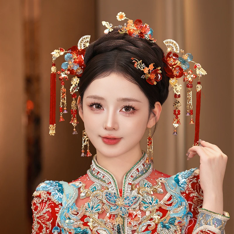 GZ177新款红色秀禾头饰中式新娘琉璃流苏发簪秀禾服龙凤褂发饰