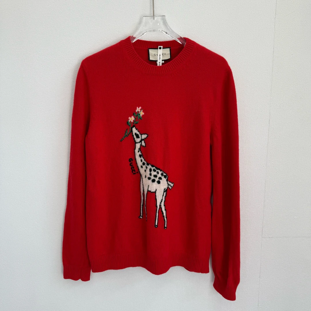 99新 GUCCI/古驰 GU1048 正红色小鹿套头羊毛毛衣 XL码 原价8800