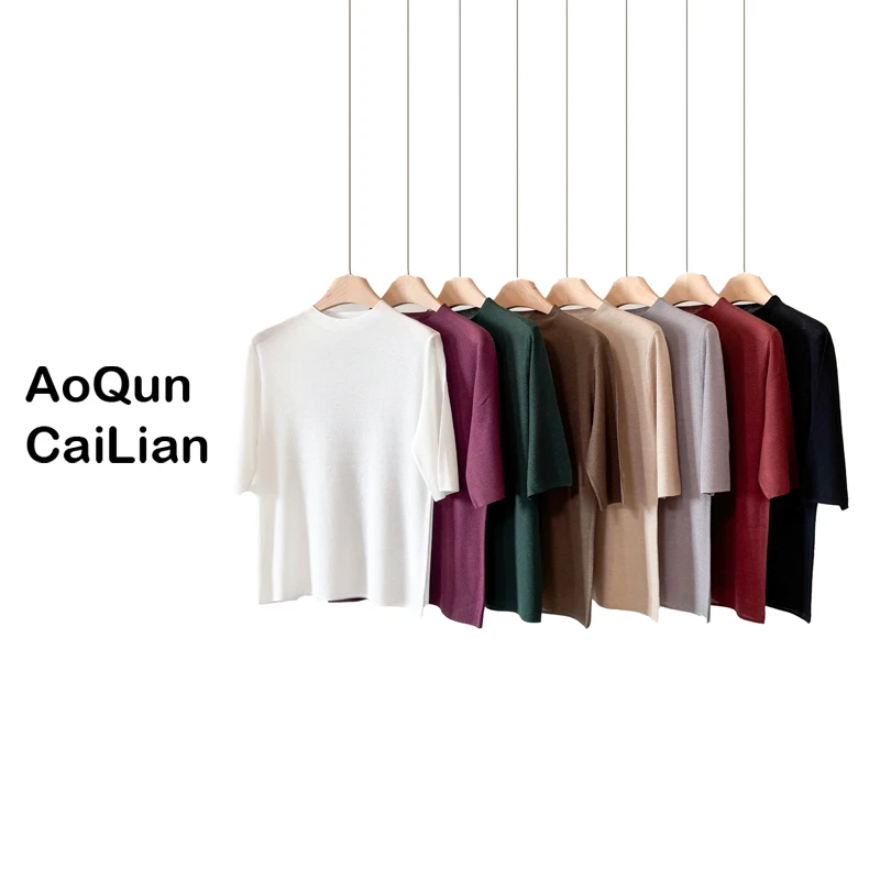 AoQunCaiLian夏季百搭时尚设计气质款中袖针织衫套头上衣-GG6002