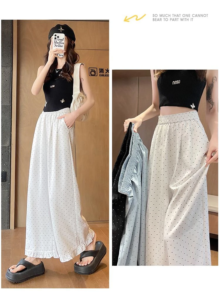 波点冰丝阔腿裤女夏季薄款高腰宽松直筒九分休闲木耳花边裤E0999