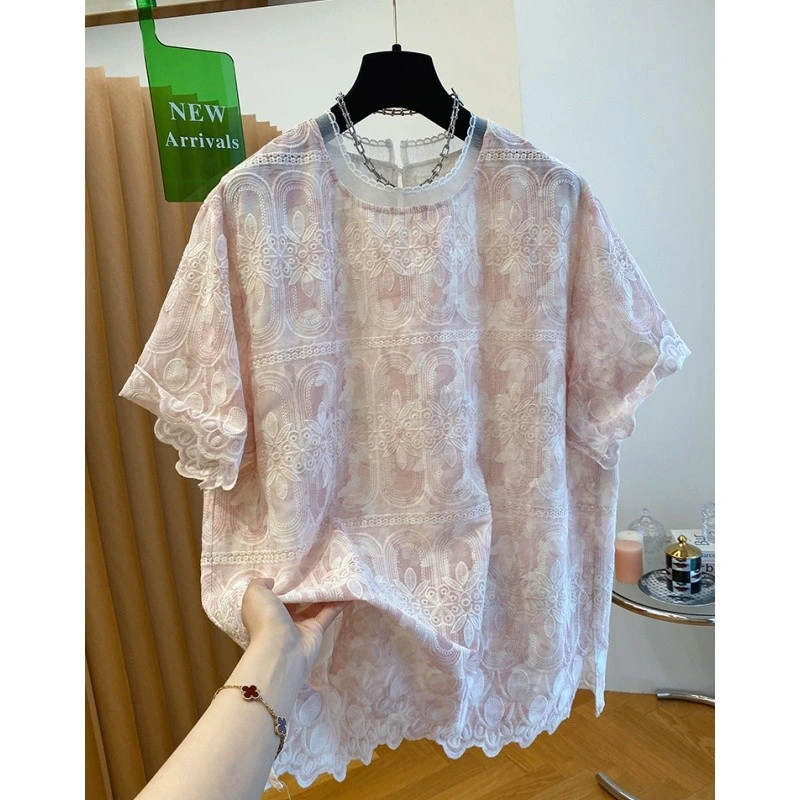 P0136粉色高级感刺绣蕾丝衫女短袖上衣夏新款宽松漂亮t恤洋气小衫