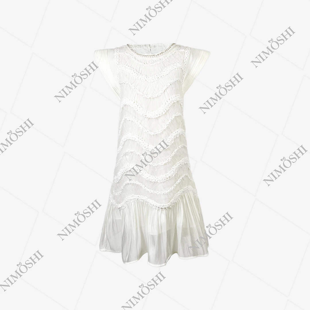 【李不了】2025夏款减龄钉珠圆领飞飞袖摆裙气质显瘦连衣裙女Q1259