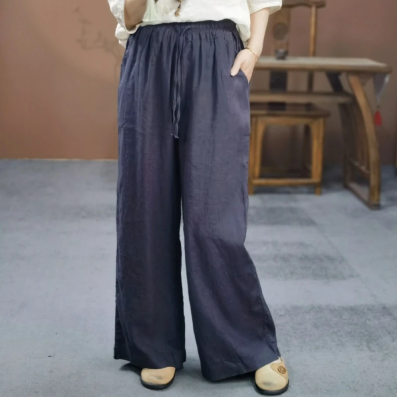 束心新中式女装亚麻纯色百搭直筒裤松紧腰抽绳净版显瘦休闲长裤女