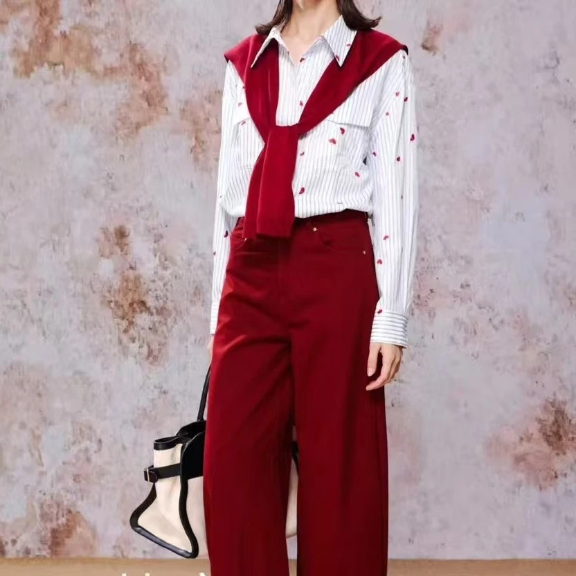 比序原创爱心刺绣波点衬衫女初秋学院风宽松休闲百搭蓝色条纹上衣