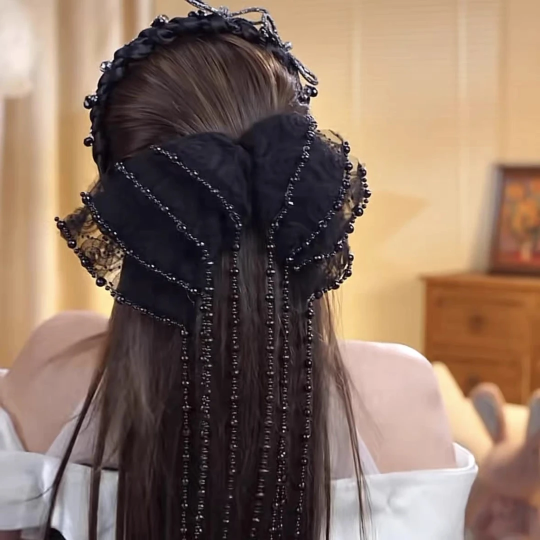 新款超仙蝴蝶结珠珠弹簧夹流苏发夹优雅百搭超大版小香风发饰H16