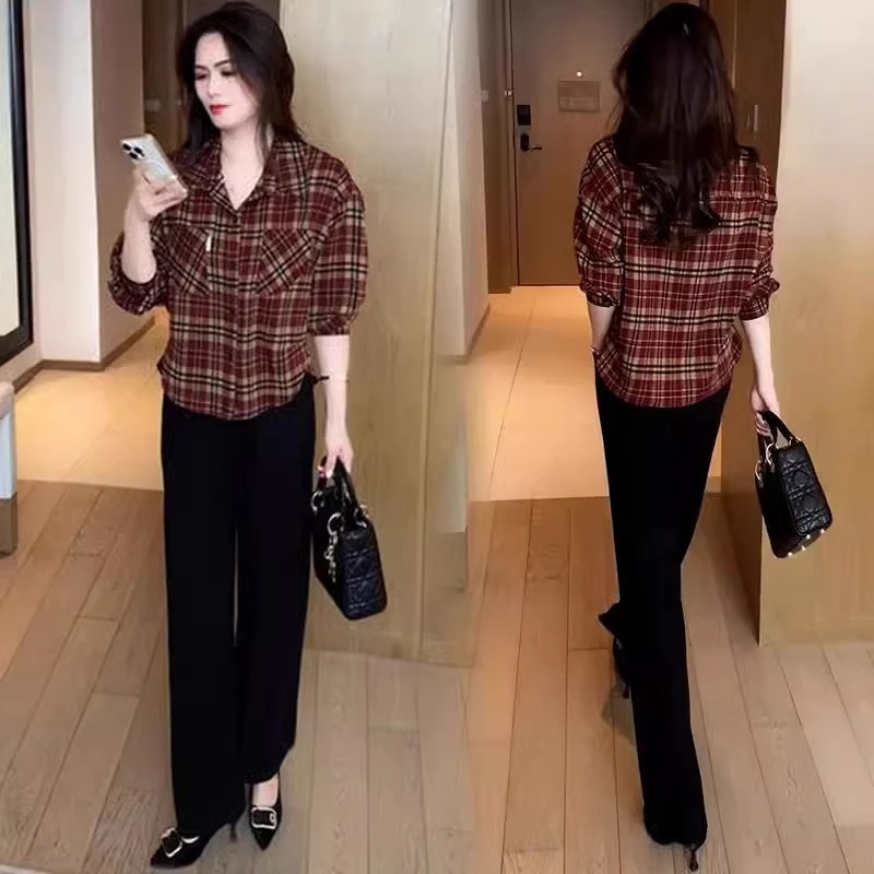 2025春秋新款复古格子时尚衬衣女洋气宽松百搭小个子休闲衬衫上衣