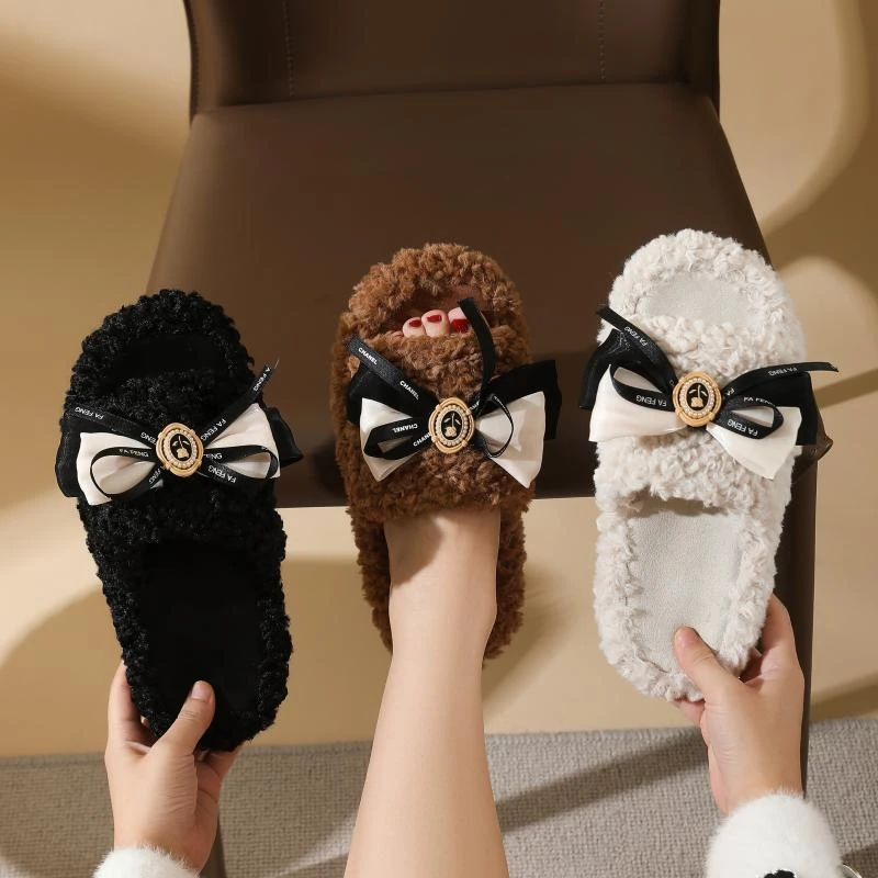 秋冬可外穿小香风甜美蝴蝶结一字毛毛拖鞋女居家室内防滑家用鞋
