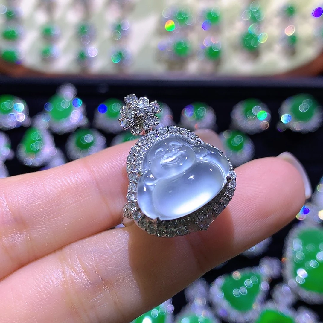 翡翠18K金镶嵌戒指玻璃种弥勒佛吊坠戒指