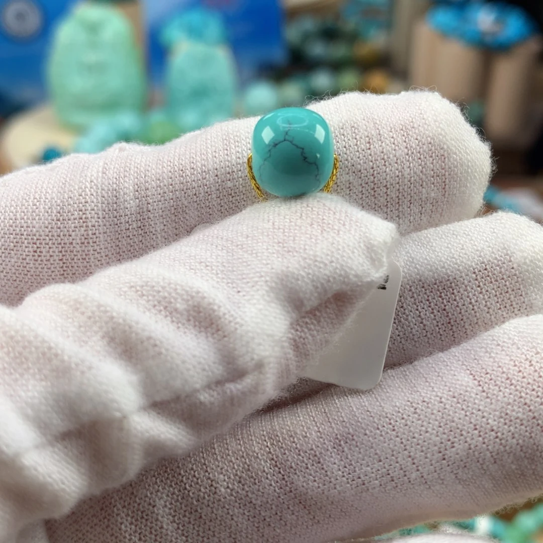 爱***子绿松石未镶嵌珠宝奇石高瓷蓝绿水草纹老型9.6*8.8mm