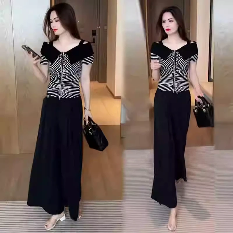 时尚套装女2025夏季新款洋气减龄条纹显瘦露肩上衣阔腿裤两件套潮