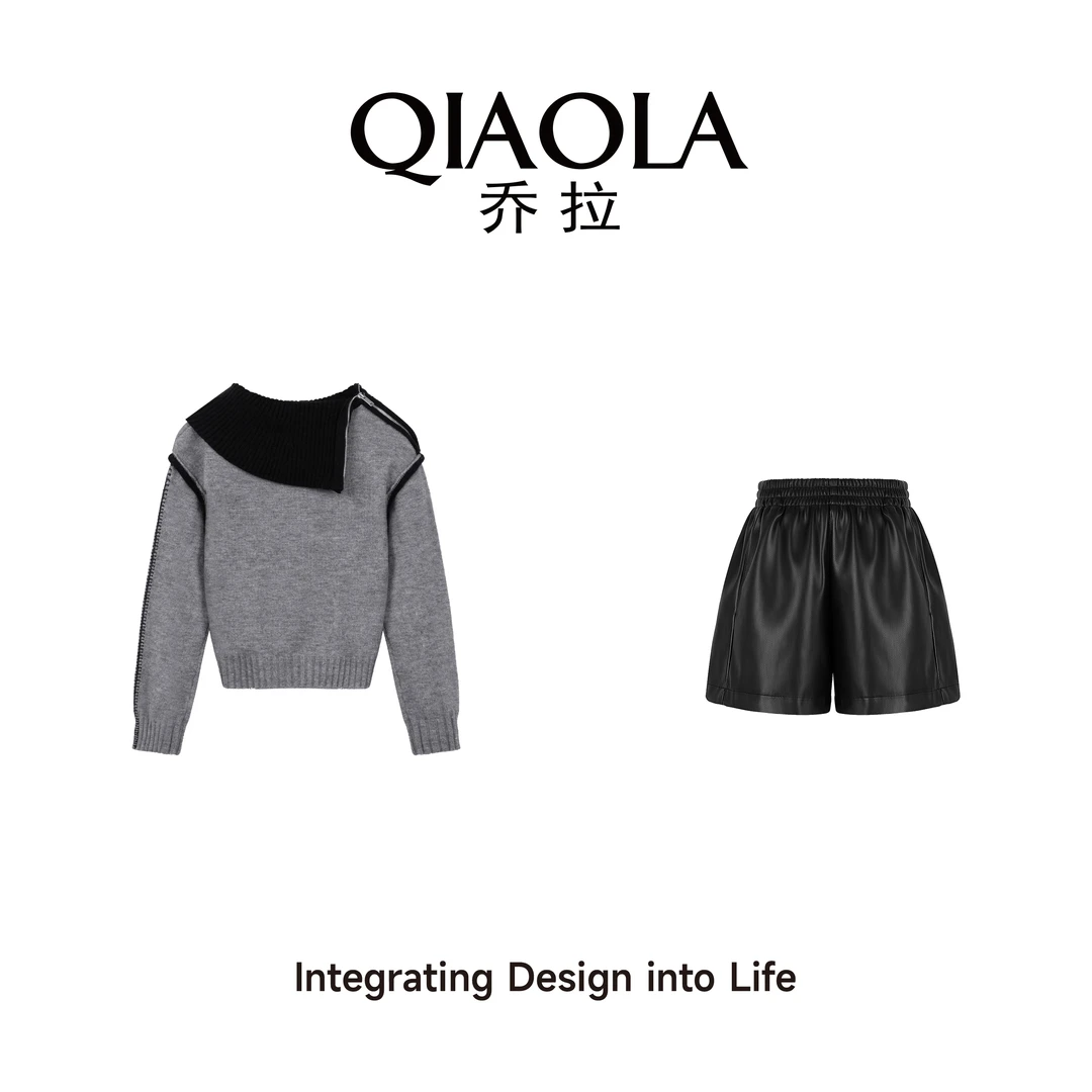 QIAOLA/乔拉【周末出游】秋冬季北极绒翻领拼接设计款时尚套装预售