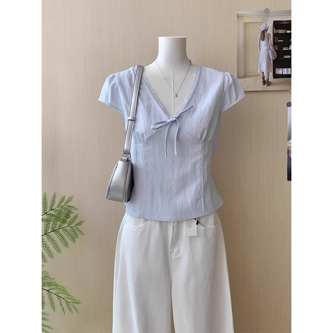 温柔仙女花边V领衬衫女2025夏季收腰系带甜美小飞袖百搭显瘦衬衫