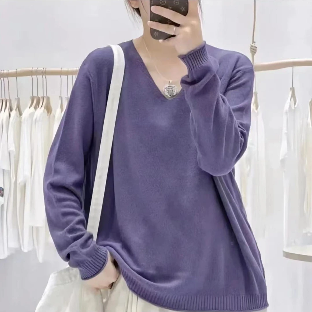 早秋宽松百搭棉线文艺大码时尚休闲显瘦v领长袖针织衫套头 女