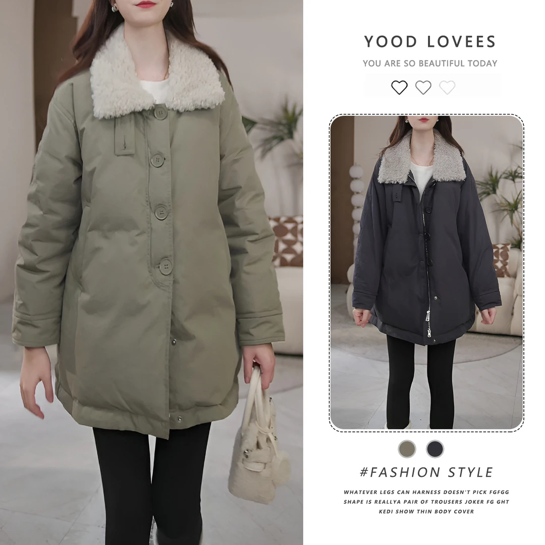 2025冬季新款韩系慵懒加厚中长款棉服外套女时尚气质撞色毛领上衣