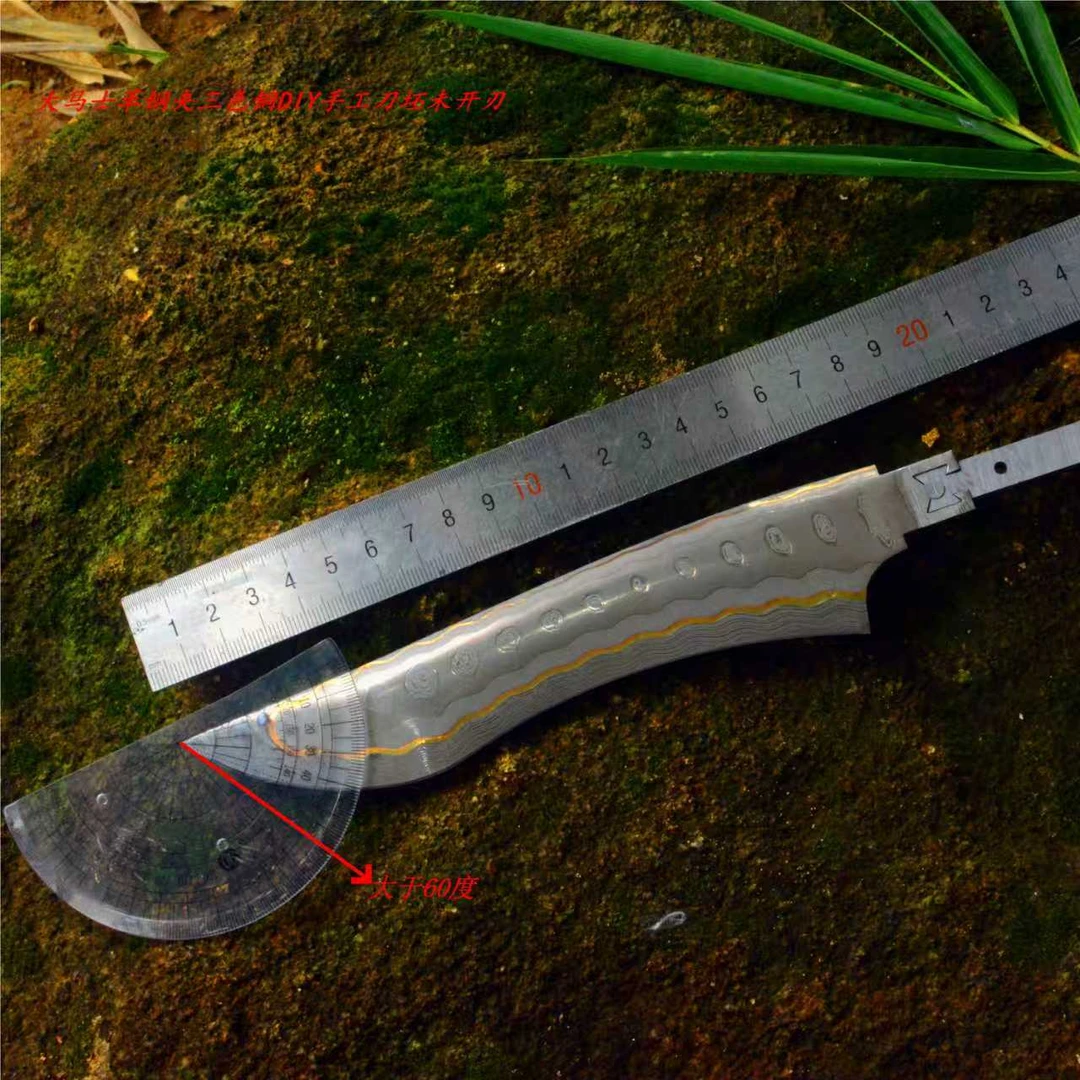 大马士革钢夹三色铜户外刀坯高硬度抗锈耐磨收藏刀