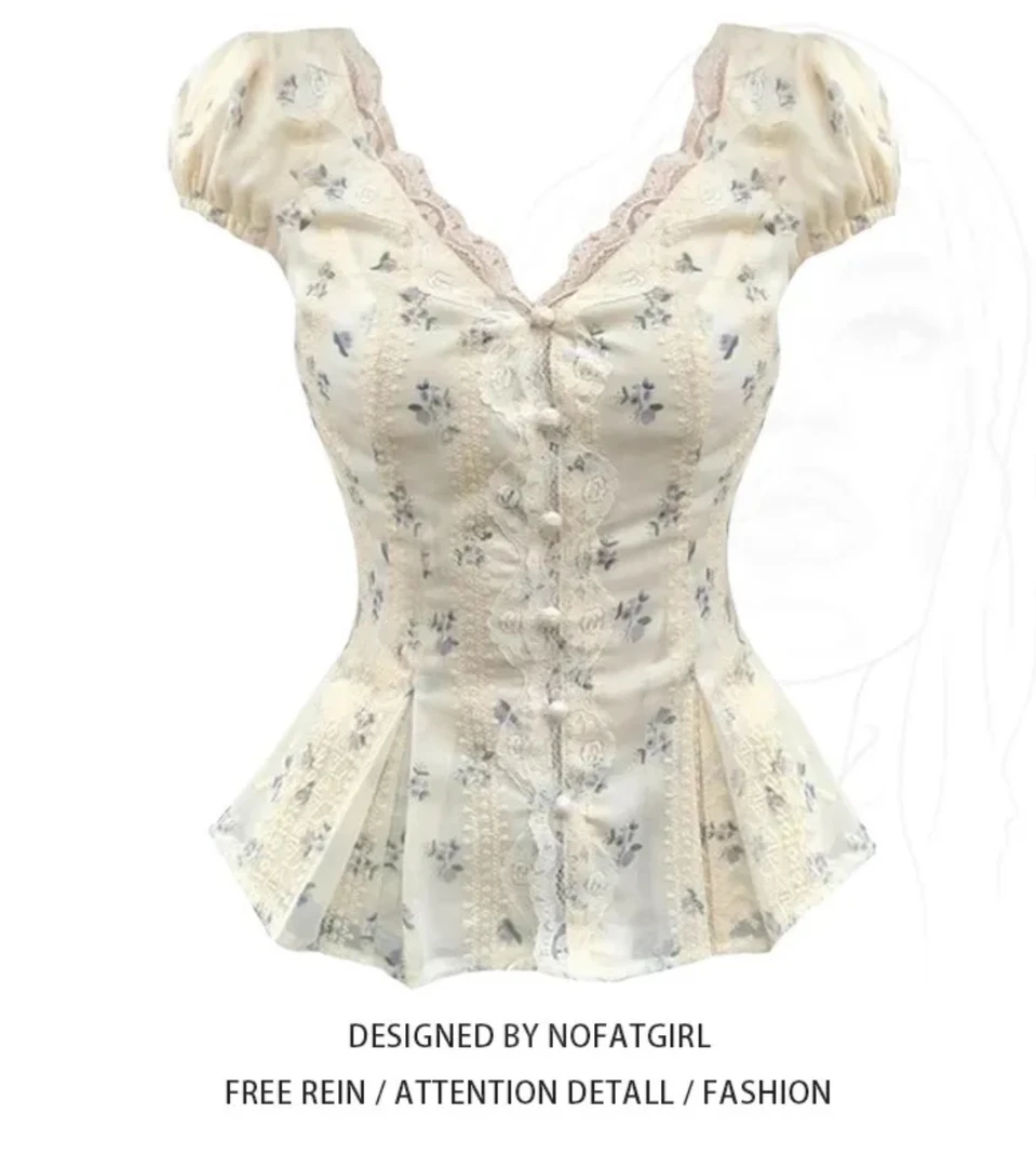 (不透带内衬 )大码胖MM法式气质高级感V领蕾丝花边收腰衬衫女