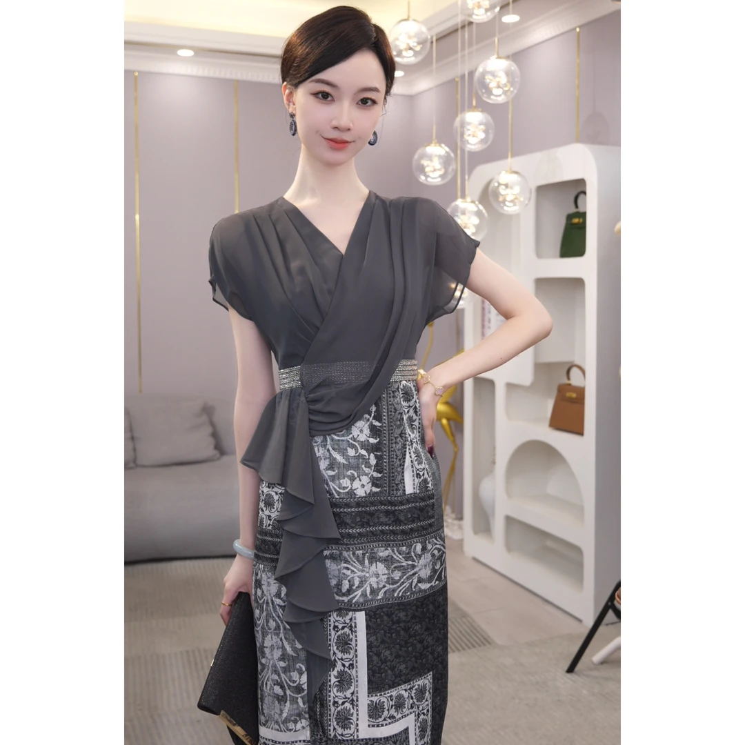 现货2026夏季新款【ZM-860】轻奢高定收腰灰色显瘦高级时尚女连衣裙