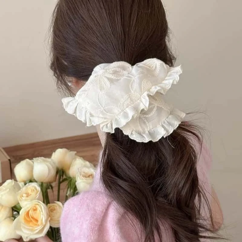 韩国东大门高级感刺绣蝴蝶结蕾丝花边方巾发圈复古文艺气质发绳女