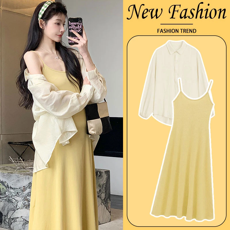 孕妇连衣裙夏季2025新款高级感辣妈性感修身黄色吊带裙子防晒套装