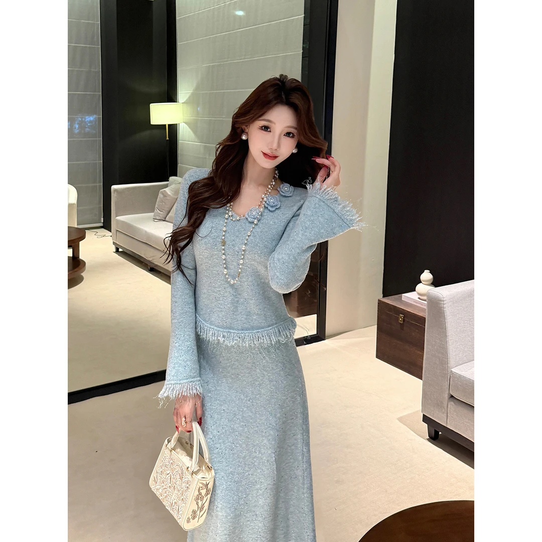 凌茜恣禾【游鱼】国风新中式珠片毛织流苏套装温婉优雅高级感套装裙