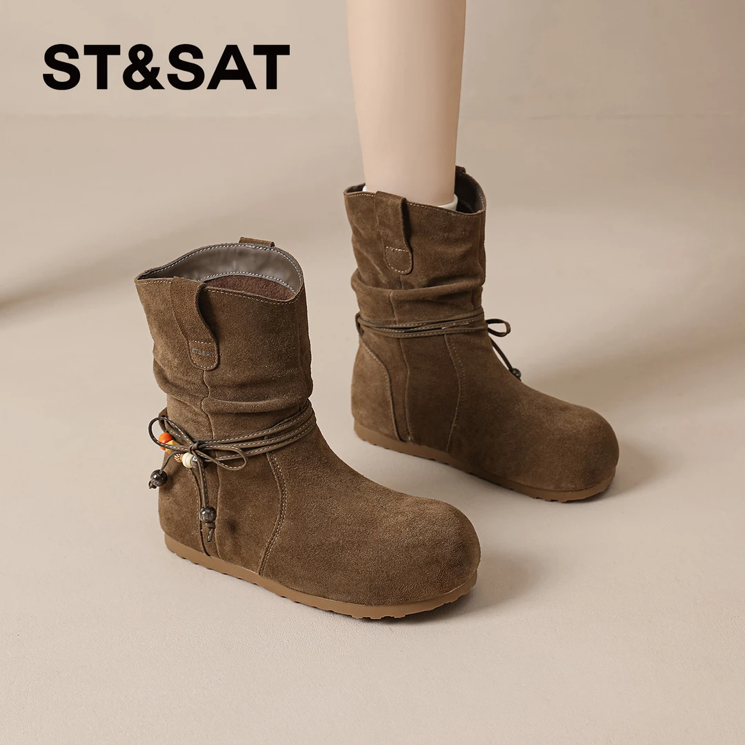 星期六棕色西部靴女款2025冬季新款百搭时尚短靴复古休闲平底女靴