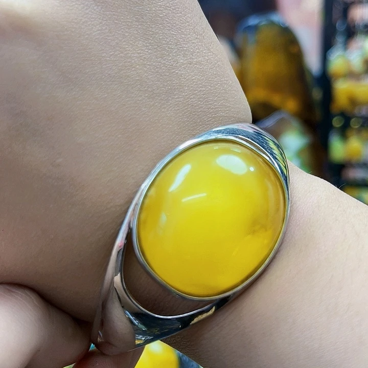 蜜蜡银S925镶嵌裸石手镯