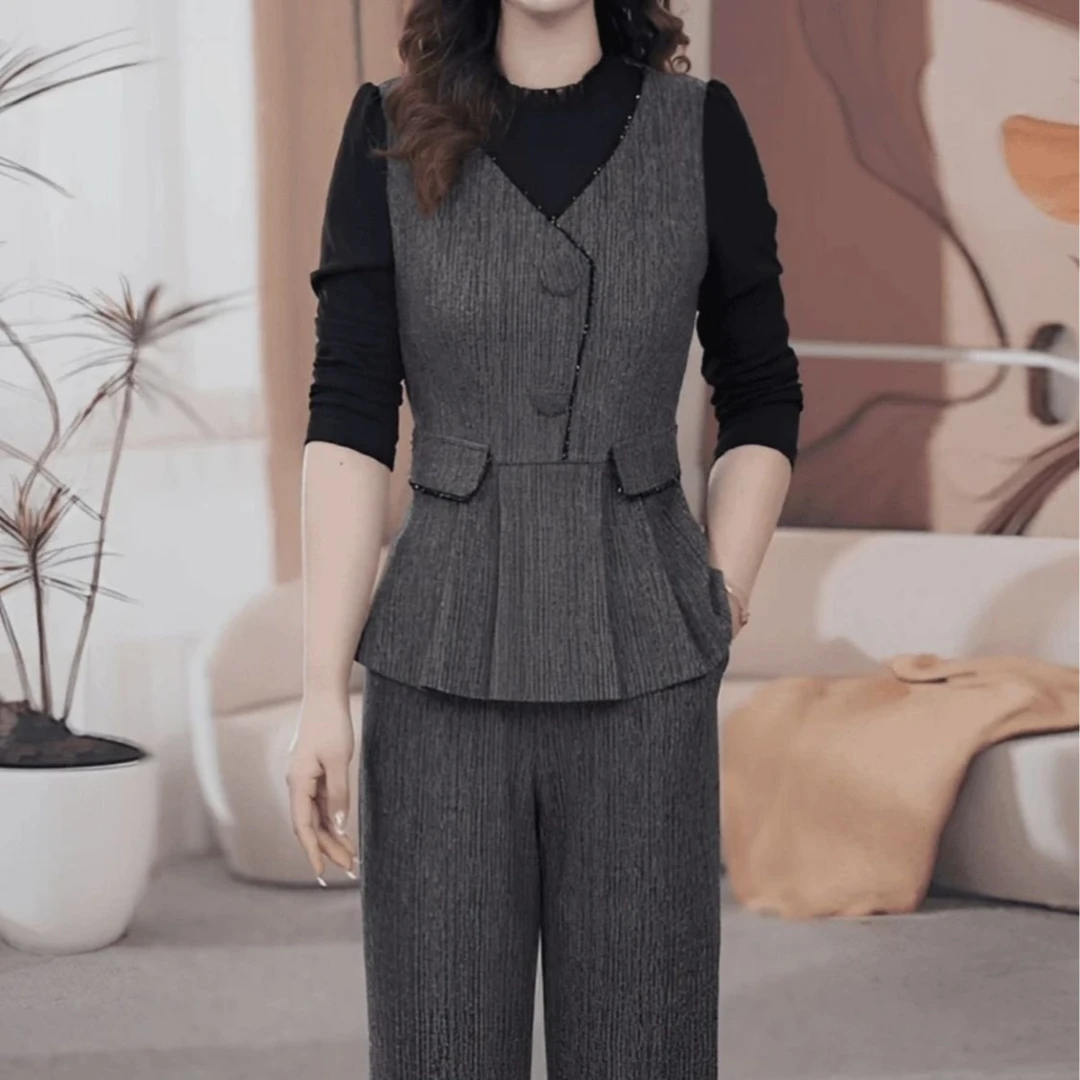 大码女装2025秋冬新款加厚磨毛精纺显瘦上衣阔腿长裤大码两件套套