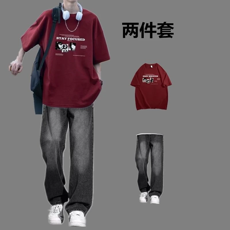 夏季红色短袖T恤套装男生帅气一套搭配直筒牛仔裤潮流休闲两件套