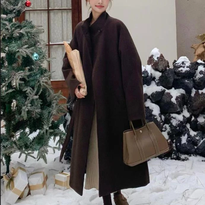 A656-1宽松设计款高级感时髦立领加厚中长款大衣外套（长115）