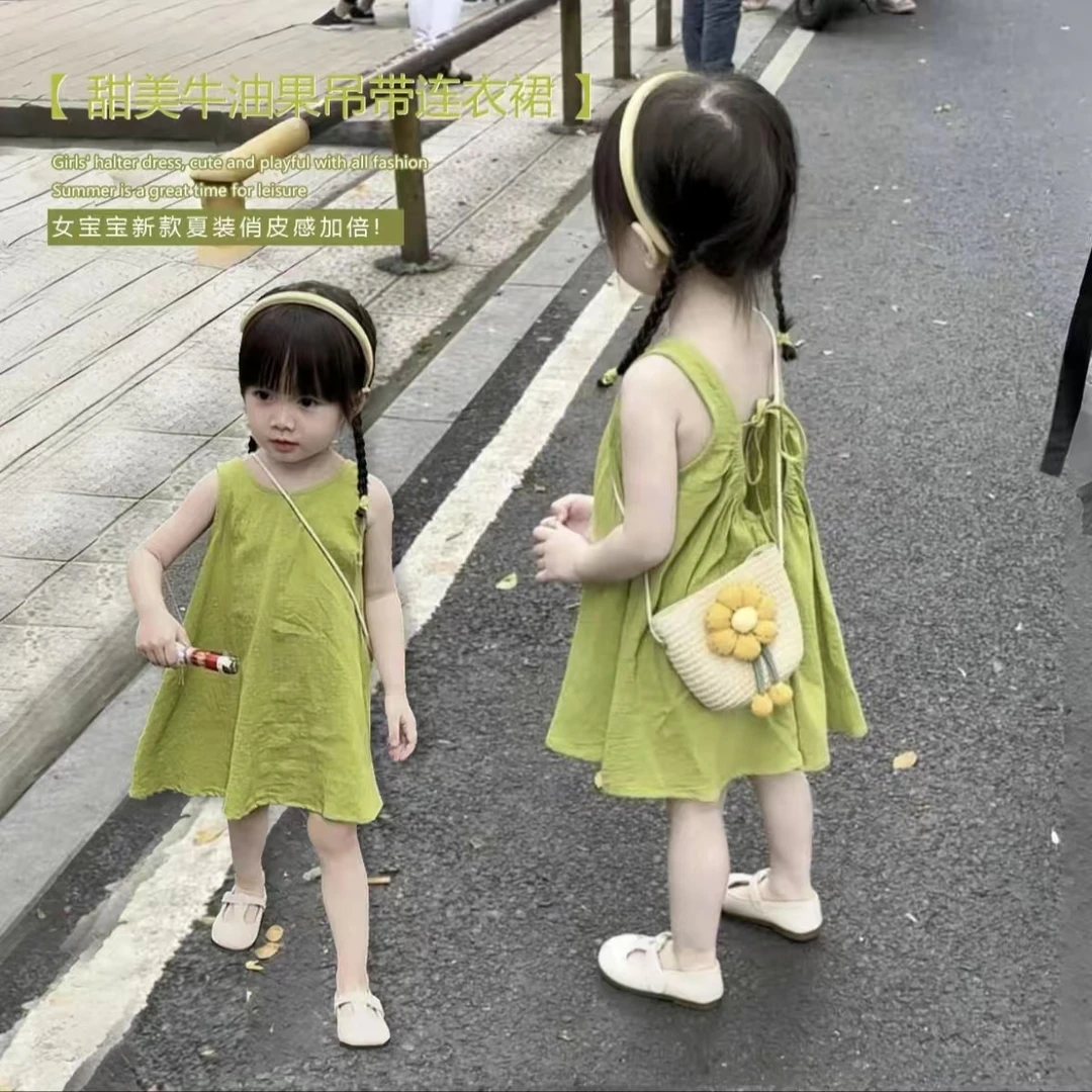 2025女童连衣裙夏季洋气儿童时髦棉背心裙女宝宝小清新绿色裙子
