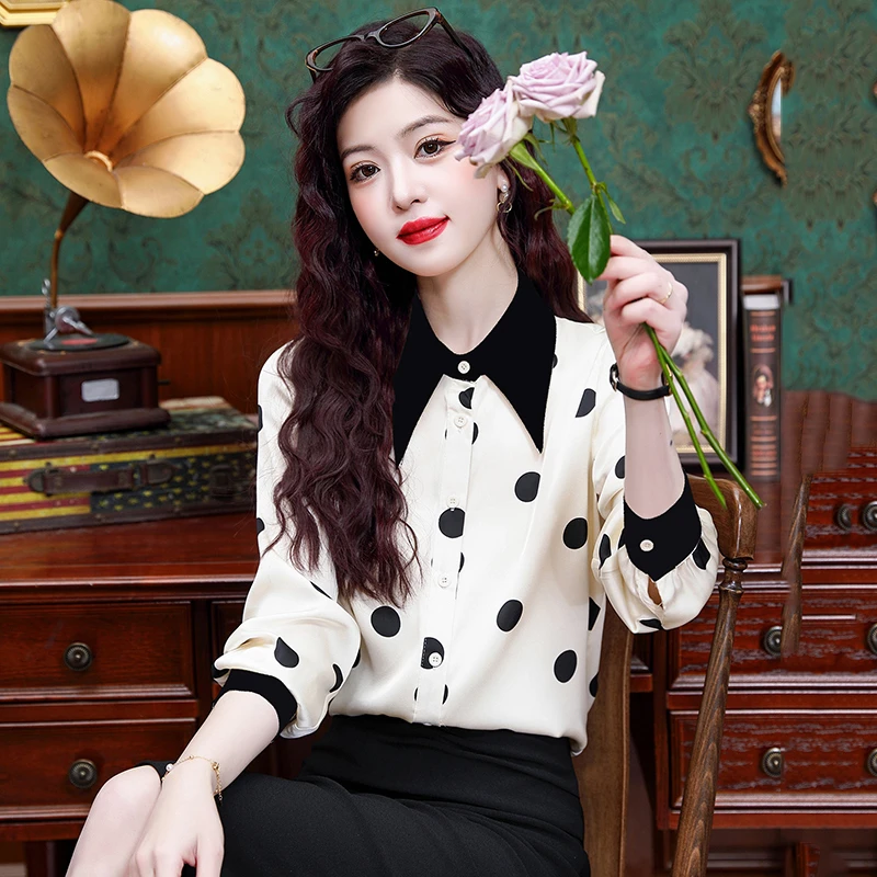 波点缎面印花长袖衬衫女春气质减龄洋气上衣百搭时尚设计感小衫18
