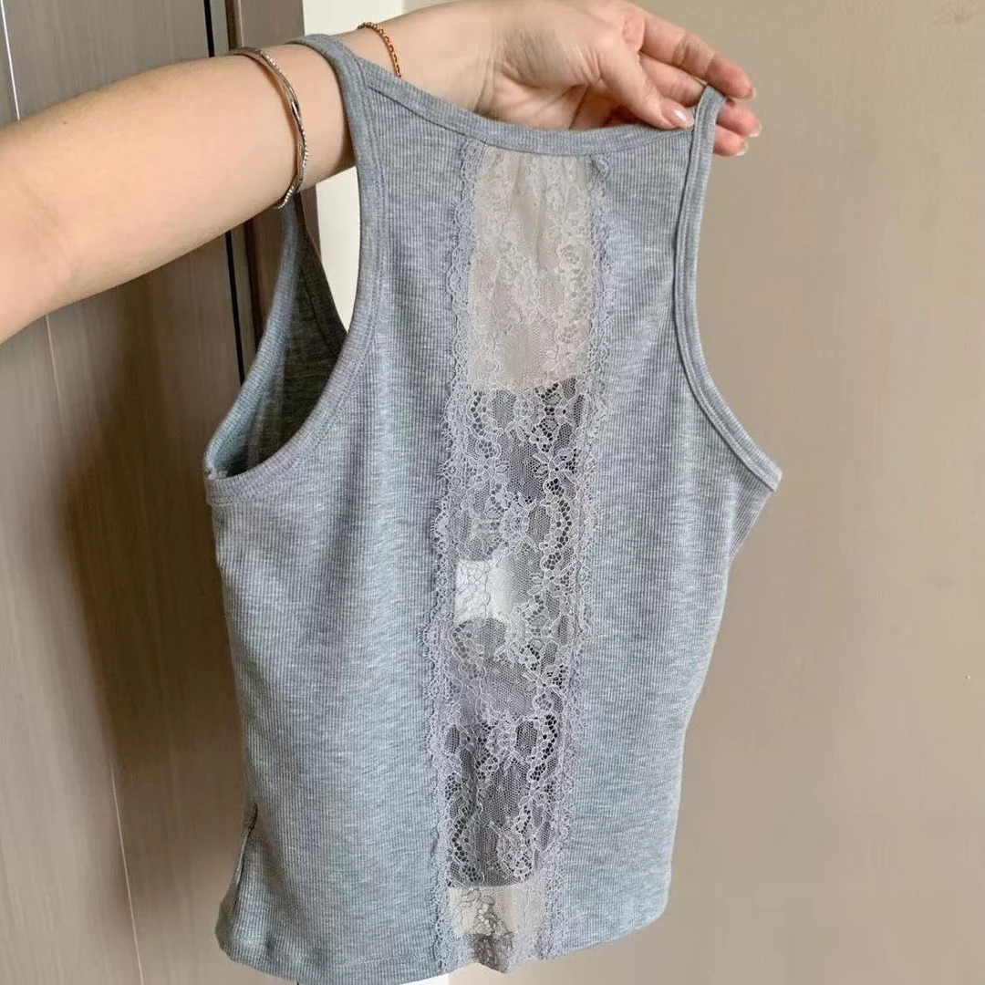 纯欲辣妹复古蕾丝拼接吊带背心女夏季带胸垫修身显瘦百搭打底上衣