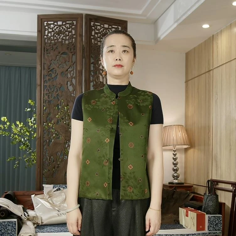 品叔&G1·桑蚕丝印花莨绸香云纱拼龟裂纹香云纱立领马甲