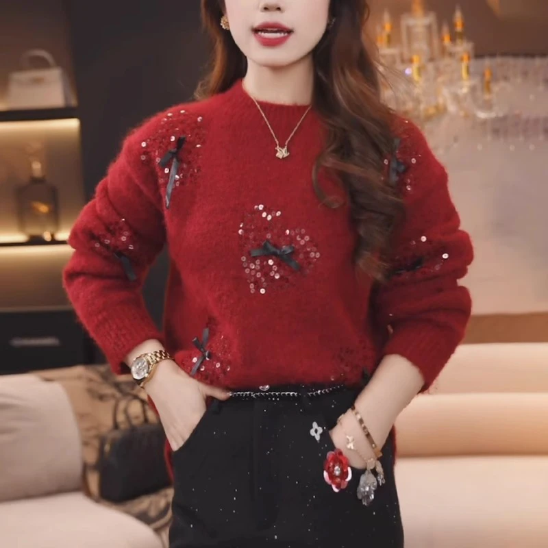 红色圆领毛衣女秋冬季慵懒风软糯宽松洋气重工亮片打底针织衫上衣