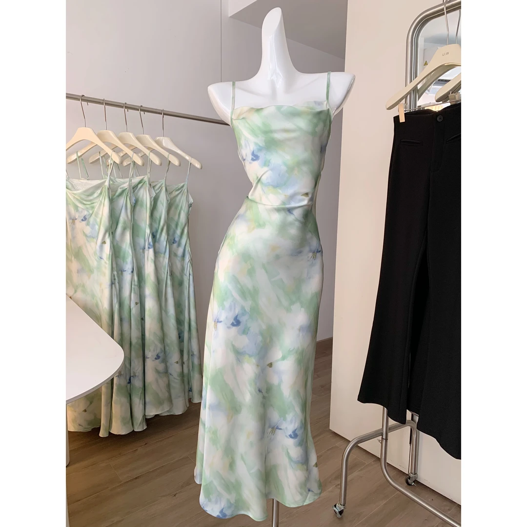 莫奈花园醋酸缎面吊带裙女夏气质温柔风油画长裙法式收腰连衣裙