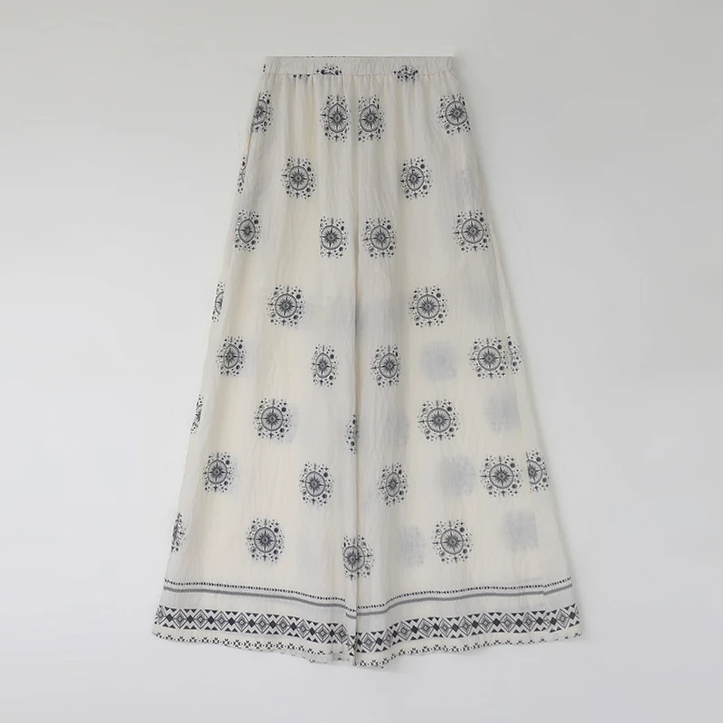 Wow丨休闲阔腿裤长裤高腰绣花中式提花夏季老钱风时尚印花休闲裤