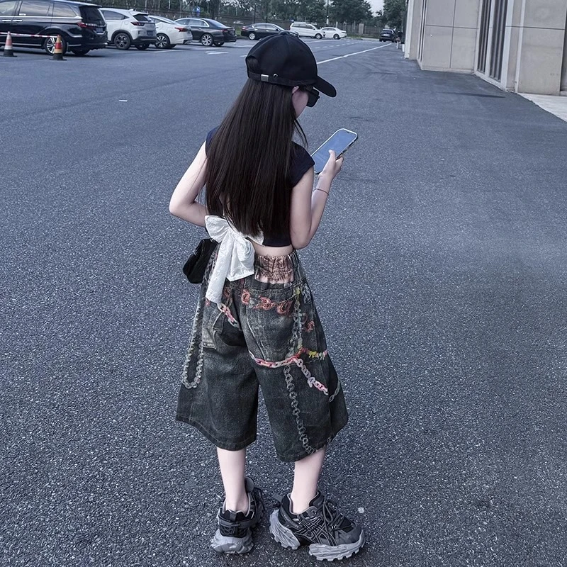 女童套装夏装2025新款儿童洋气背心T恤中大童女孩牛仔中裤两件套