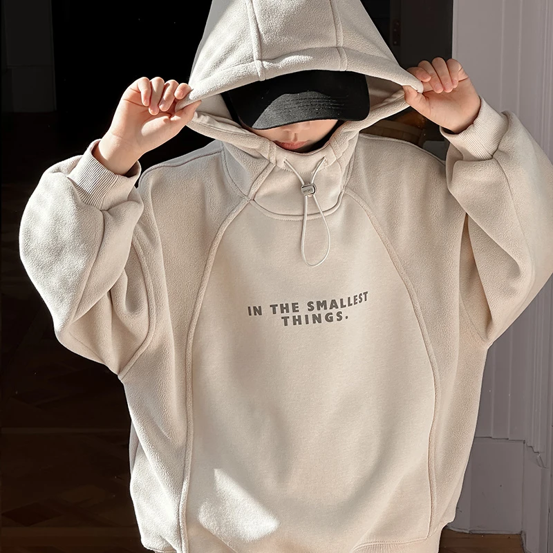 男童字母加绒一体绒连帽卫衣秋冬2025儿童休闲加厚保暖上衣中大童