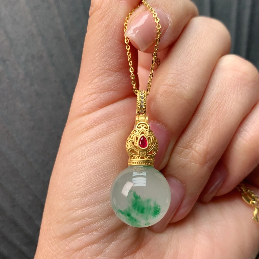 石英质玉（非洲翠）银S925镀金镶嵌冰飘花精品大单珠项链