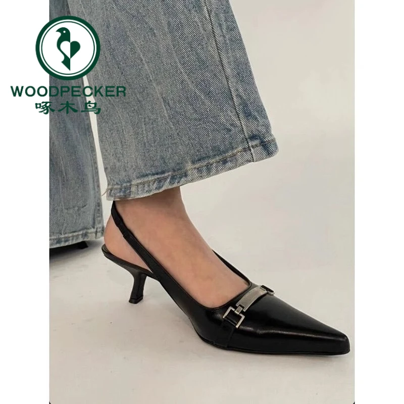 啄木鸟2025新款小众设计浅口中跟凉鞋猫跟尖头高跟鞋细跟包头单鞋