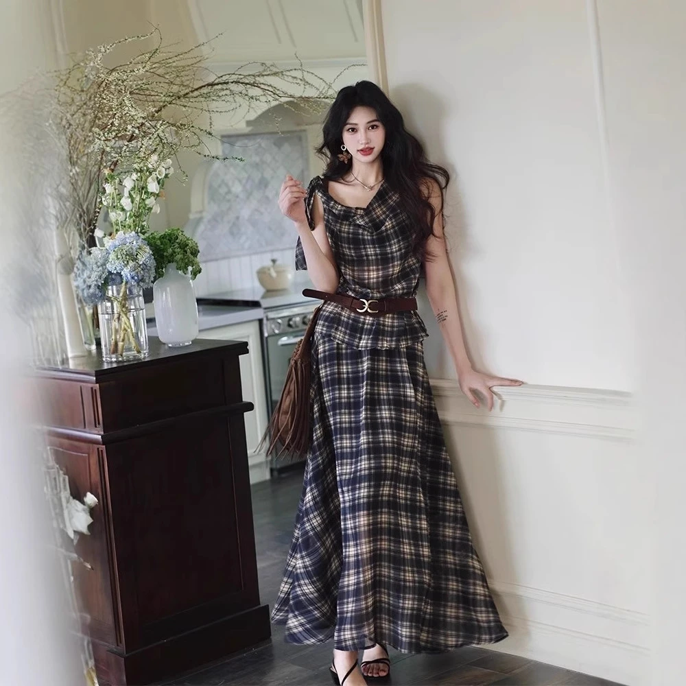 时尚套装复古风荡领无袖吊带背心2025女夏高腰大摆半身裙两件套潮