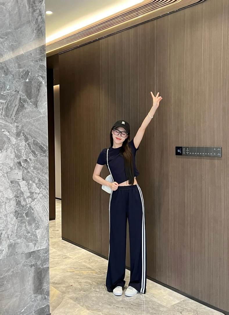 【BAGALIO】【青春校园】松紧竖条直筒阔腿长裤 941