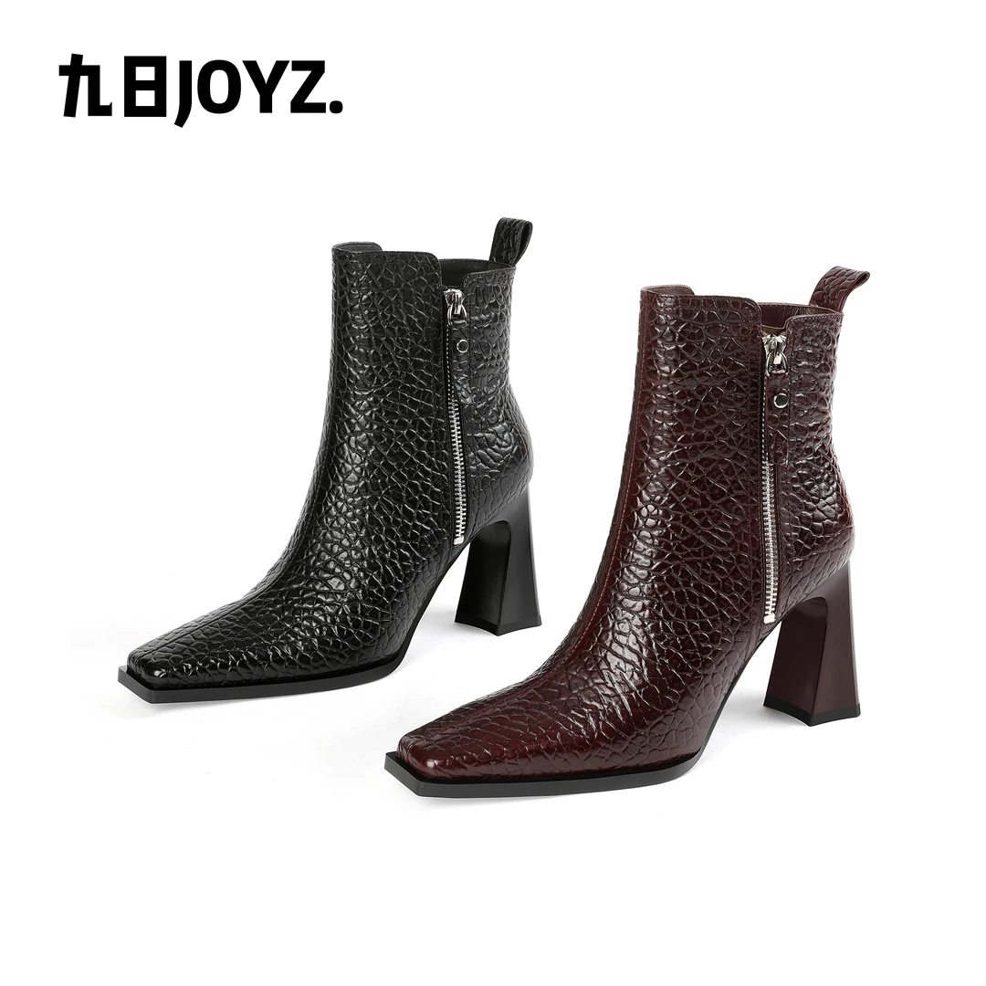 【跟高7cm】2025秋冬新款纯色方头单靴方跟高跟单里绒里时尚简约女