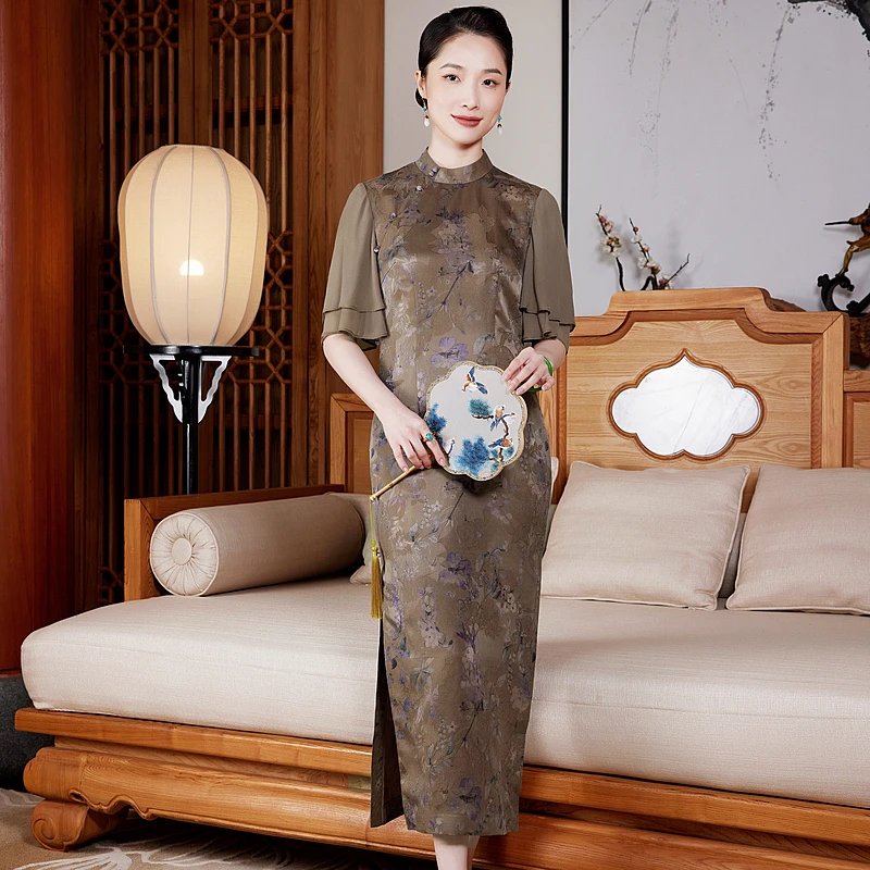 【檀褐栖羽】100%桑蚕丝花罗香云纱旗袍连衣裙 双层荷叶袖W24759