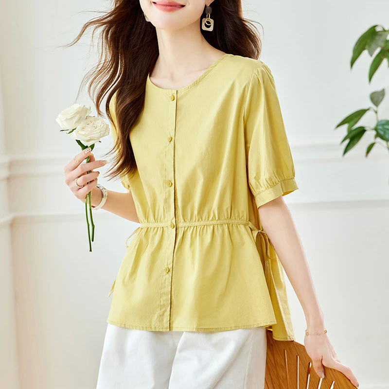 纯棉收腰圆领短袖衬衫白色女夏季新款宽松百搭显瘦排扣衬衣小衫