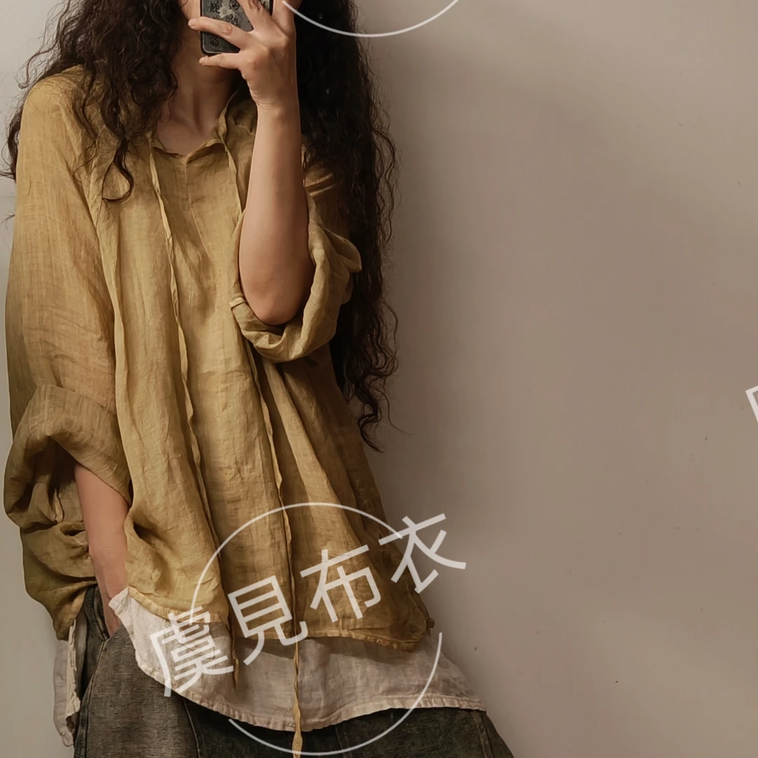 虞姑娘推荐  夏季苎麻脏洗套头系带长袖上衣【衣长65胸围132】