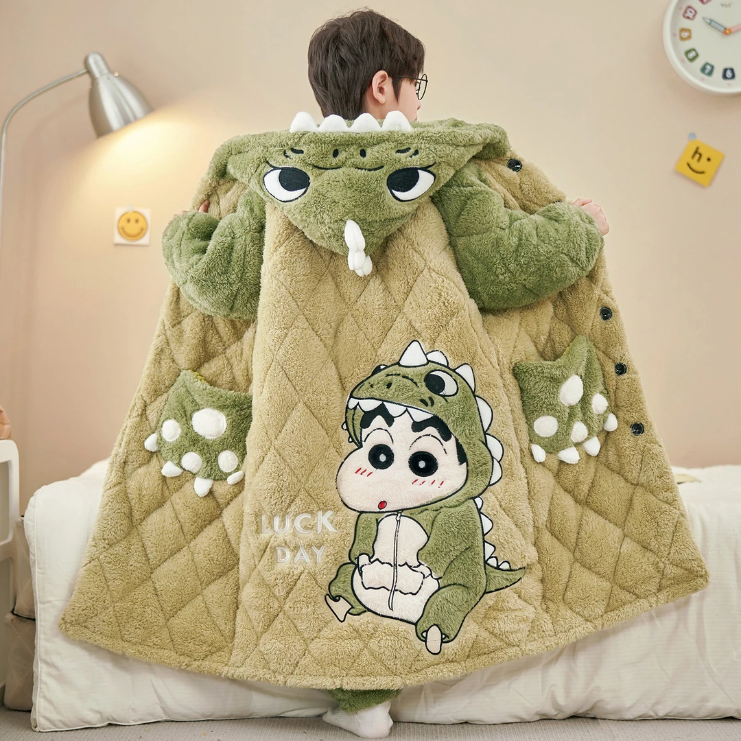 男孩睡衣冬季加厚法兰绒保暖男童睡袍儿童卡通家居服套装三层夹棉