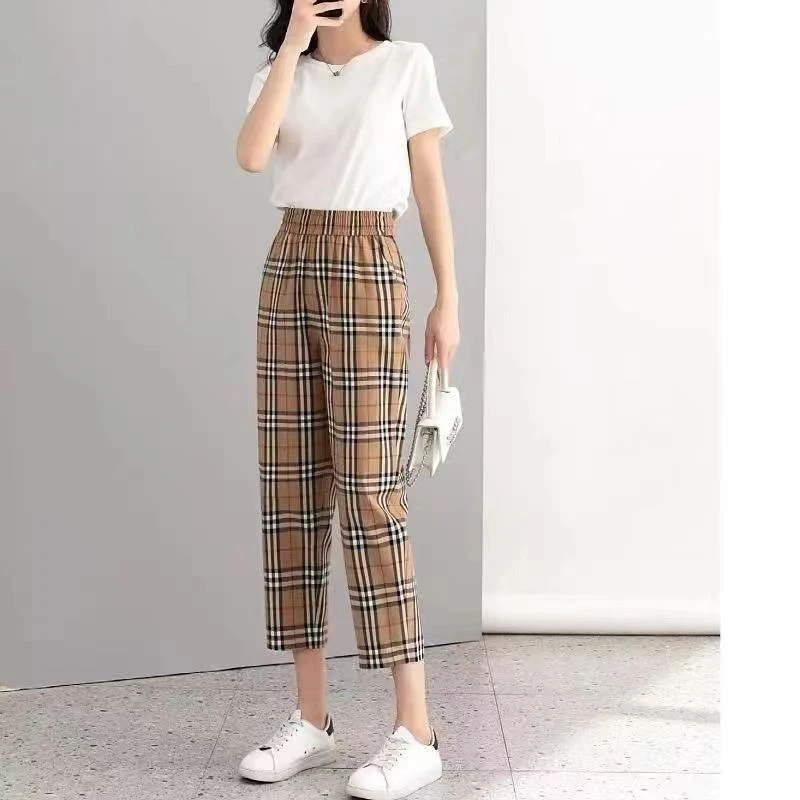 春夏款休闲百搭显瘦格纹老爹九分裤2301