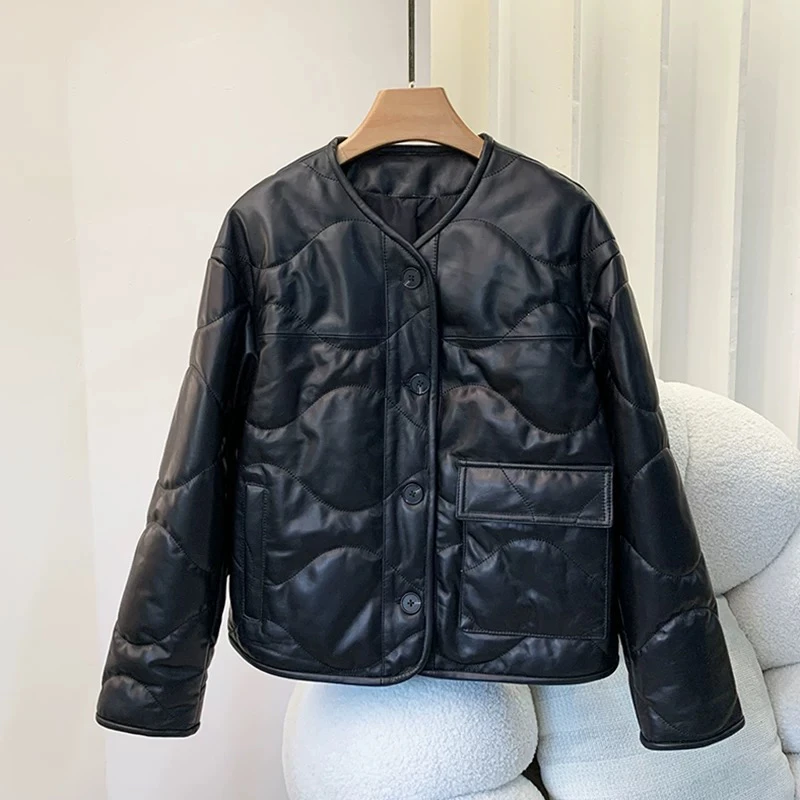 网红保暖植鞣皮衣标准菱格立领冬季宽松短款外套韩版秋冬黑色