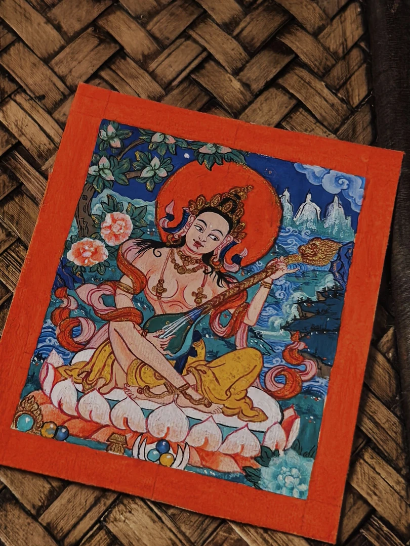 妙音天女纯手绘纯矿物质颜料唐卡-玥书手绘唐卡吊坠